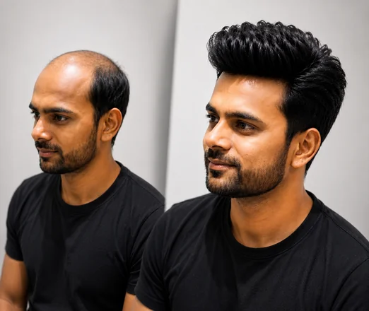 Hair before and after wig transformation