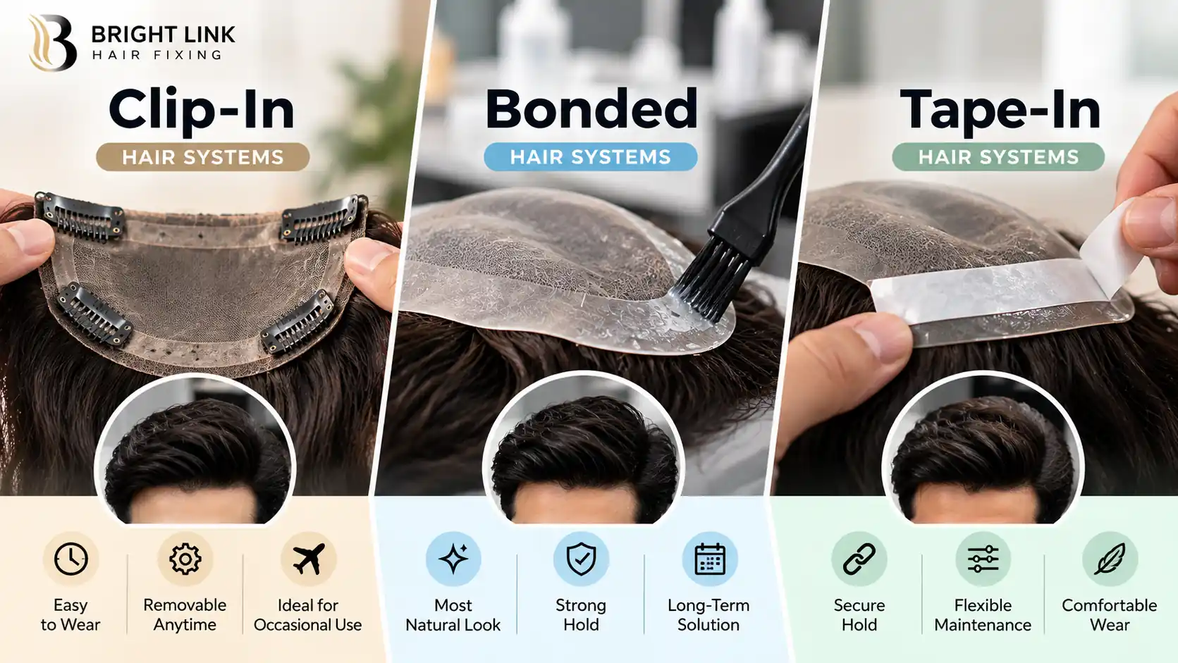. Clip-In vs Bonded vs Tape-In Hair Systems: Choosing the Right Fixing Method